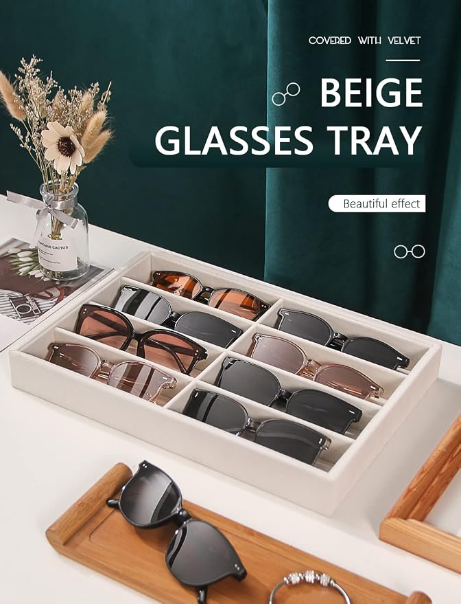 Coward Sunglass Organizer, Beige Velvet Glasses Trays - Eyeglasses Watches Jewelry Display - Men Women (8 Grids) (Pack of 2)