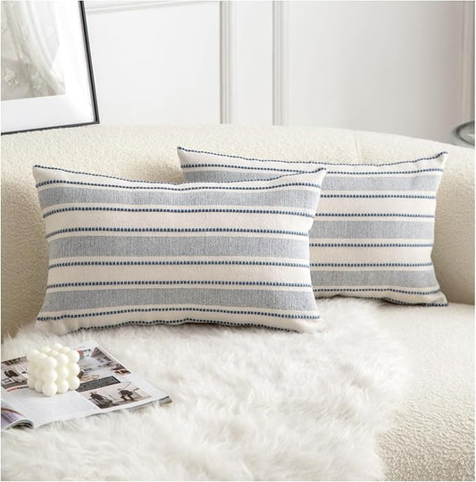 Cethom Decorative Boho Lumbar Throw Pillow Covers, Farmhouse Textured Pillow Case, 12 x 20 Inch Set of 2, Chair Sofa Bedroom Living Room Home Decor Couch Cushion Case, Classic Blue and Beige