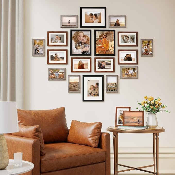 Vittanly 20 Pack Gallery Wall Frame Set, Black, Walnut Brown, Dark Grey | Picture Frames Collage Wall Decor for Wall or Tabletop Display, Picture Frame Set: 4pcs 8x10, 8pcs 5x7, 8pcs 4x6, MDF Wood