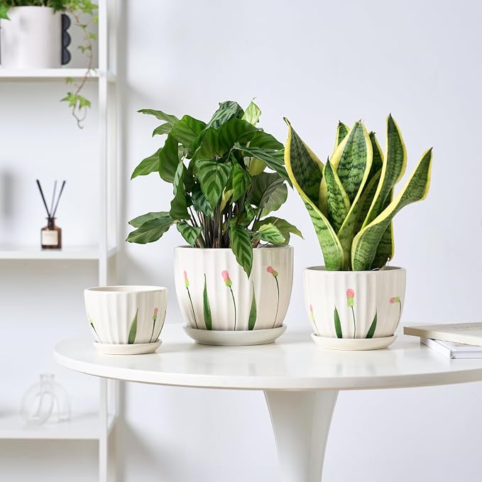 STHIE 4/5/6 Inches White Ceramic Plant Pots with Drainage Holes and Saucer | Set of 3 Round Planter for Small Indoor/Outdoor Plants with Modern Stripes Design, White Floral , Decorative Flower Pots