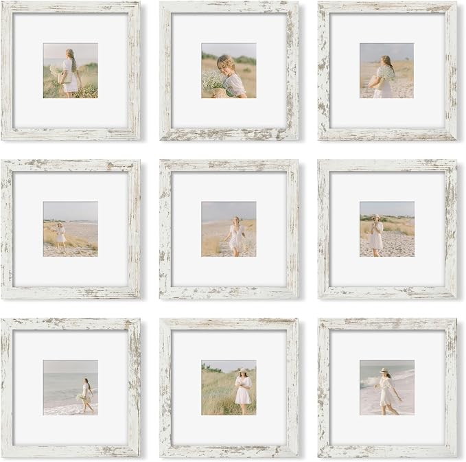 YESKAY 8x8 Picture Frame Set of 9, Photo Gallery Wall Frame Set, Display Pictures 4x4 with Mat or 8 x 8 Without Mat, Square Frame Picture Frames Collage Wall decor, Distressed White
