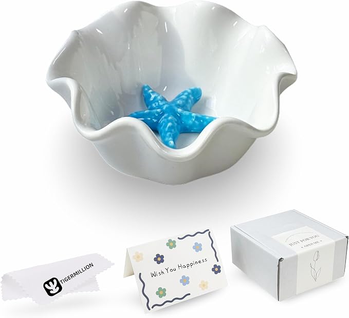 Jewelry Holder Dish Ceramic Flower Ring Dish Tray Decorative Starfish Trinket Dish Preppy Room Decor Coastal Jewelry Bowl Wedding Mother's Day Christmas Birthday Gifts for Women (Blue Starfish)