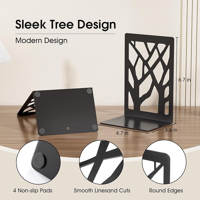 MaxGear Book Ends Tree Design Bookends for Shelves 7 x 4.7 x 3.5” 2 Pair | Metal Constructio,Heavy Duty,Non-Skid Pads,Scratch Resistant,Stable Support,Space Saving,4 Pieces,Bookcase Desktop Use
