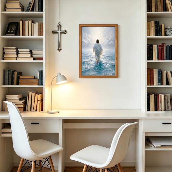 AUUAUU Jesus Walks on Water Wall Art Christian Canvas Painting 16x24 Inches