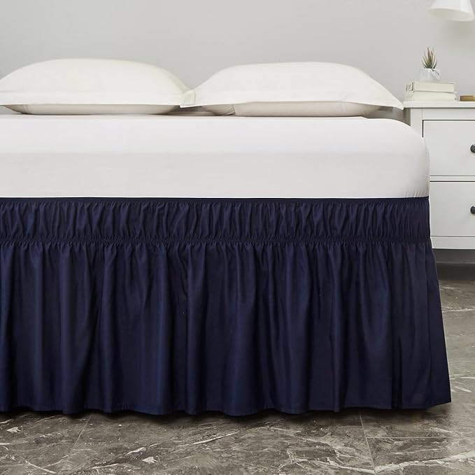 MEILA Wrap Around Bed Skirt for Queen & King Beds, 12" Drop, Navy Blue | Three-Side Adjustable Elastic Dust Ruffle, Ruffled Polyester Fabric, Easy to Install, Fade Resistant & Machine Washable