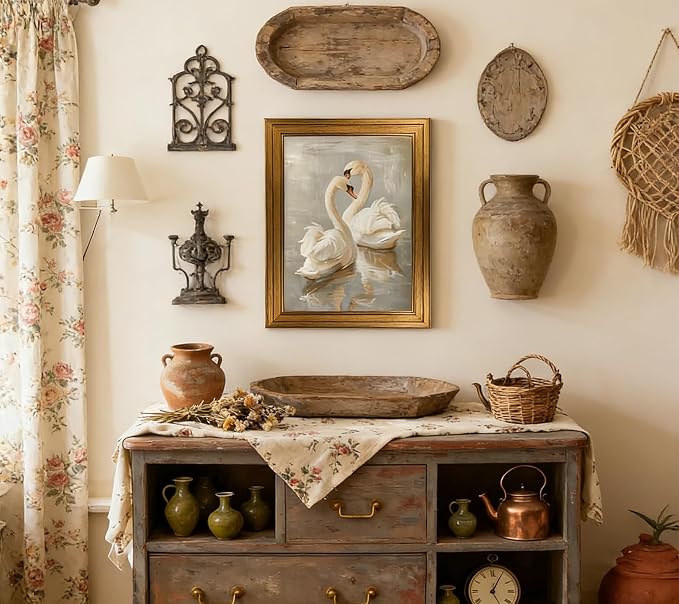 Rienkhu Gold Frame Vintage Wall Art Prints Decor Classical Swan Canvas Oil Painting Poster Pastel Watercolor Swan Vintage Art Pictures Farmhouse Wall Decor for Nursery Bedroom Bathroom Office 9x11in