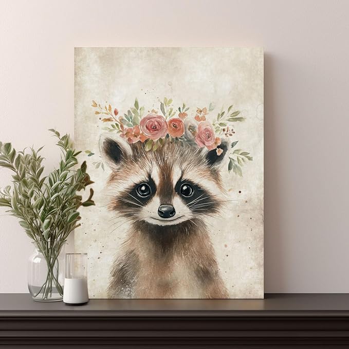 Cute Raccoon Print Wall Art Decor Retro Animal Portrait Poster Funny Raccoon with Wreath Picture Painting Farmhouse Woodland Animal Artwork for Baby Room Nursery Home Office Decoration 12x16inch