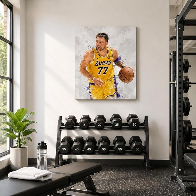 Luka Dončić-LAL Basketball Canvas Wall Art, Sports Player Poster, 24x30 | Abstract splash ink athletic artwork, motivational sports wall decor for teen boys room, bedroom, living room, gym or office