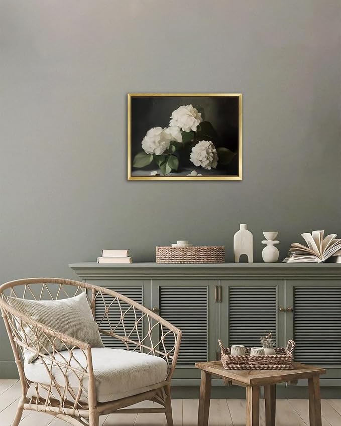 AIMAILON Gold Framed,White Hydrangea Blooming Retro Bohemian Style 12x16 | classic plant aesthetics, desktop decoration, easy to hang, versatile style