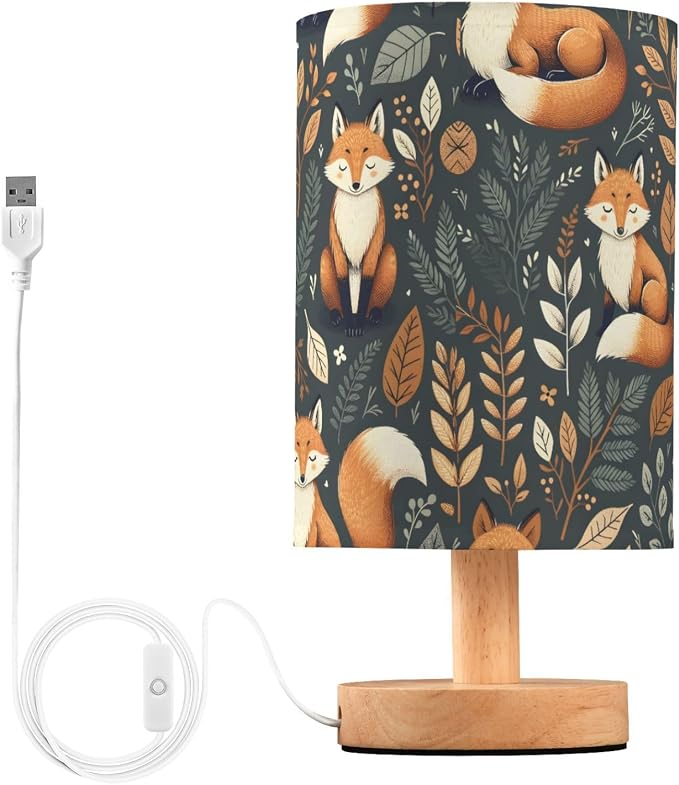 ALAZA Fox Vintage Leaves Decor Bedside Table Lamp with USB Port for Bedroom Nightstand Office Desk LED Bulb Included