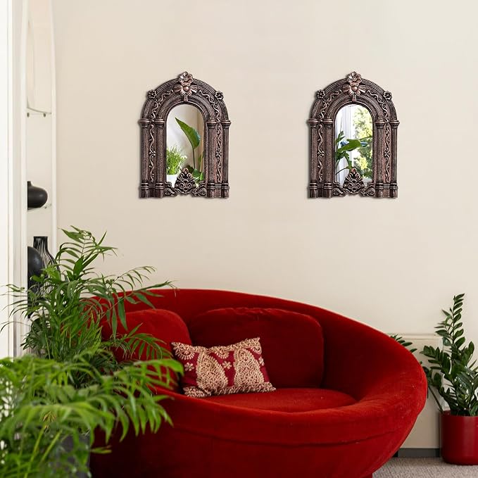 2 Set Wood Carved Window Mirrors 3D Relief Arched Wall Decor Roman Column Antique Home Accent Small Decorative Mirrors for Living Room, Bathroom, Entryway