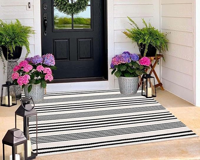 BUAGETUP Black and White Outdoor Rug 3'x 5' Cotton Woven Washable Rug Striped Front Porch Rug Area Rug Floor Mat for Farmhouse/Layered Door Mats/Living Room