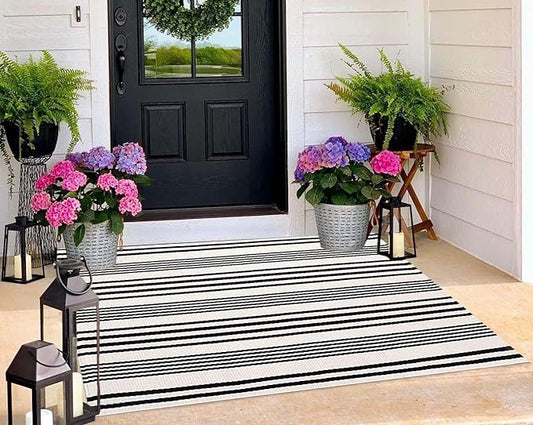 BUAGETUP Black and White Outdoor Rug 3'x 5' Cotton Woven Washable Rug Striped Front Porch Rug Area Rug Floor Mat for Farmhouse/Layered Door Mats/Living Room