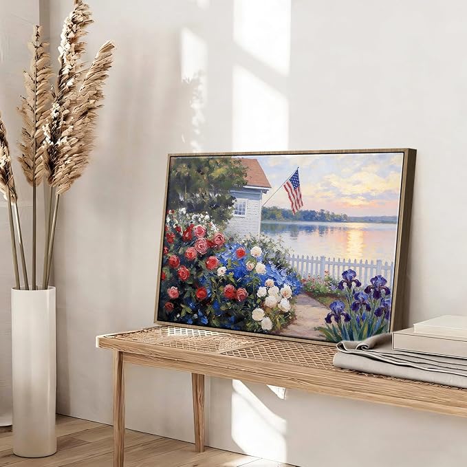 American Flag Framed Canvas Wall Art, 4th of July Patriotic Canvas Prints | Summer Cottage Landscape Poster Print, Vintage Independence Day Wall Decor for Bedroom Living Room 11×14in