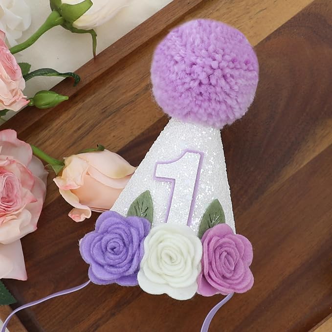 JUIIZAY Butterfly First Birthday Decorations for Girl Purple High Chair Banner One Flower Cake Topper Floral Hat 1st Birthday Decoration Supplies