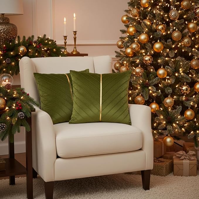Velvet Throw Pillow Covers 16x16 Pack of 2 Gold Decor Olive Green