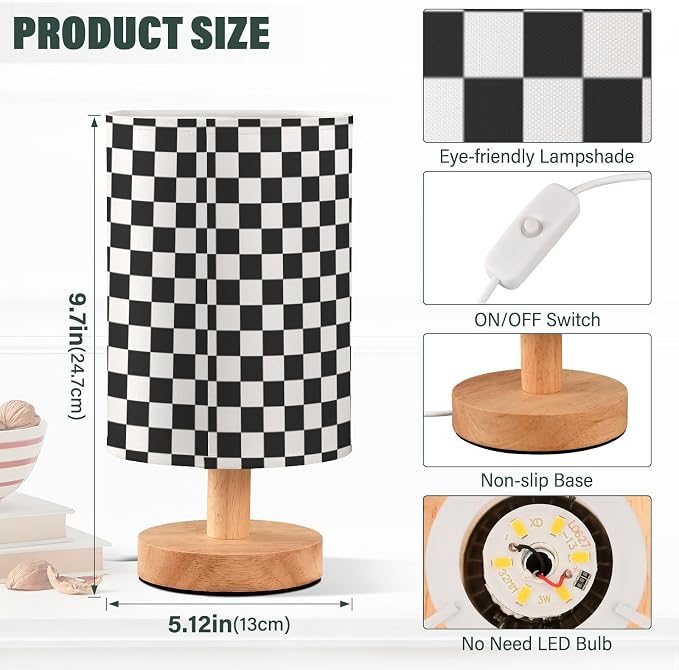 Bedside Lamp Black White Checkered Pattern Table Lamp for Bedroom LED Nightstand Lamp Shade USB Ports Wood Base for Living Room Dorm Office