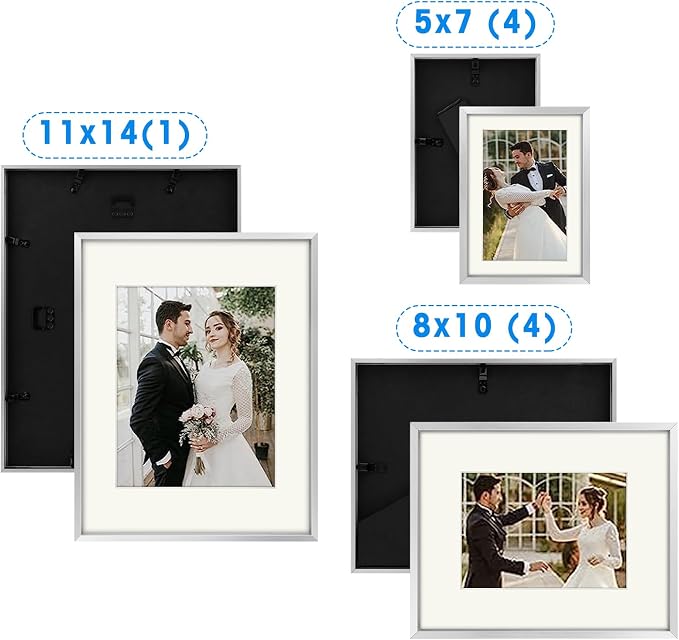 Golden State Art 7 Pack Aluminum Frames, Includes 5x7 8x10 11x13, Silver | Shatter-resistant Glass, Assorted Sizes: One 11x14, Two 8x10, Four 5x7, Horizontal/Vertical Wall Mount & Tabletop Display