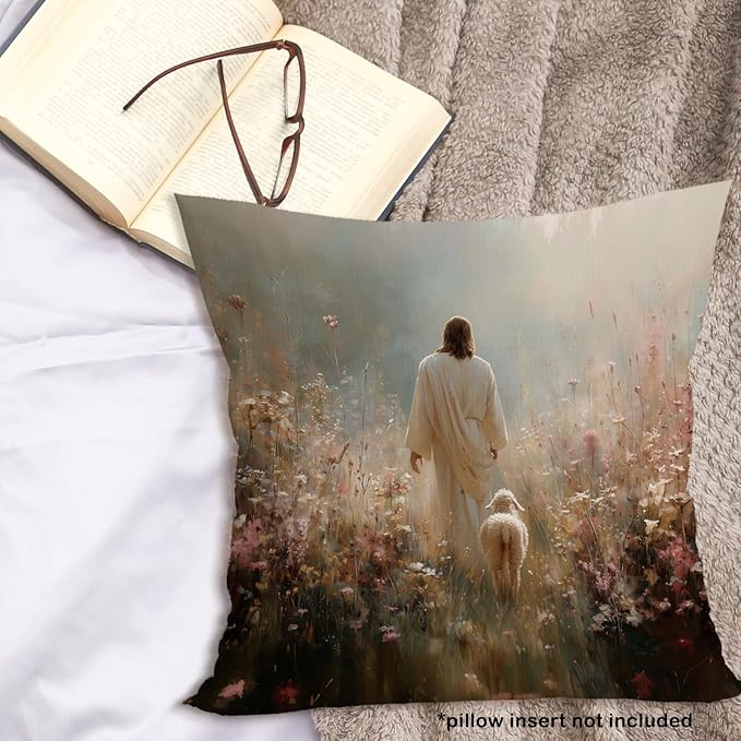 Christian Jesus and Lamb Throw Pillow Covers Gifts 18x18, Jesus Leaves the 99 Sheep Decor Pillow Cases for Bedroom Living Room, Religious Cottagecore Decorative Square Pillowcases for Couch