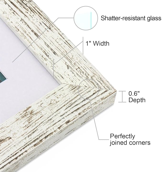 5x7 Picture Frame-Vintage White,4x6 Mat,Tempered Glass,Engineered Wood