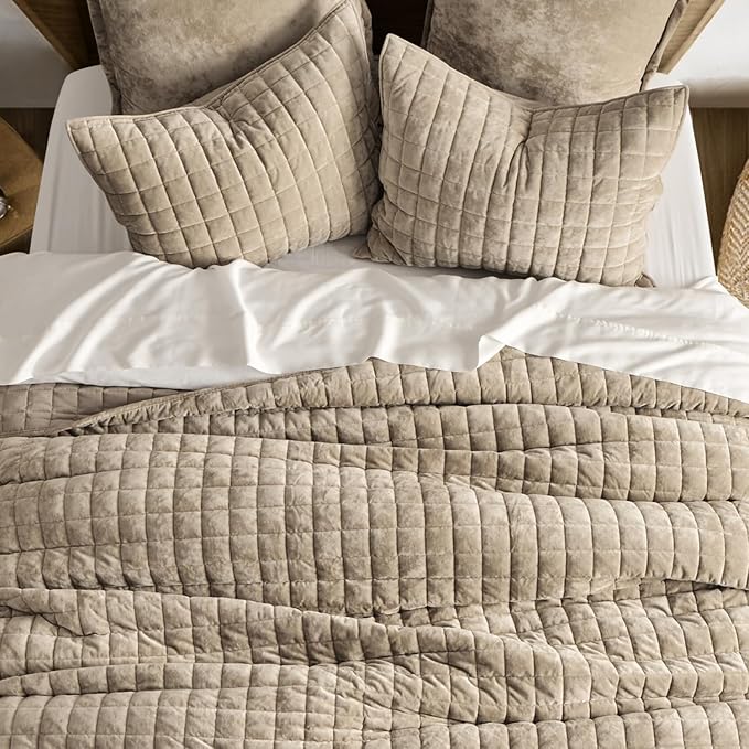RECYCO Velvet Quilt Set, Oversized California King 118"x106", Urban Taupe | Channel Box Stitch Velvet Comforter Set, Ultra Soft Lightweight Bedspread Coverlet, All Season Bedding Set, with 2 Shams