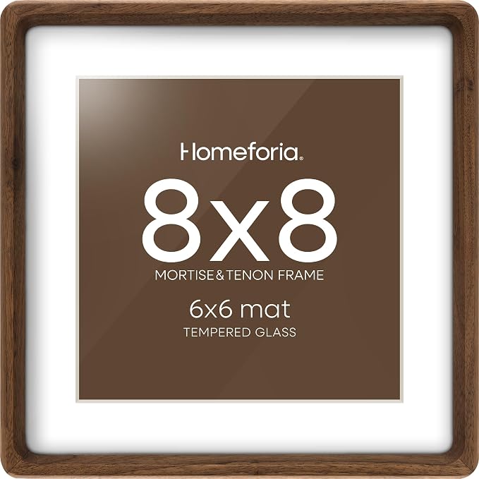 Homeforia 8x8 Mortise&Tenon Walnut Picture Frame, 6x6 Mat, Glass