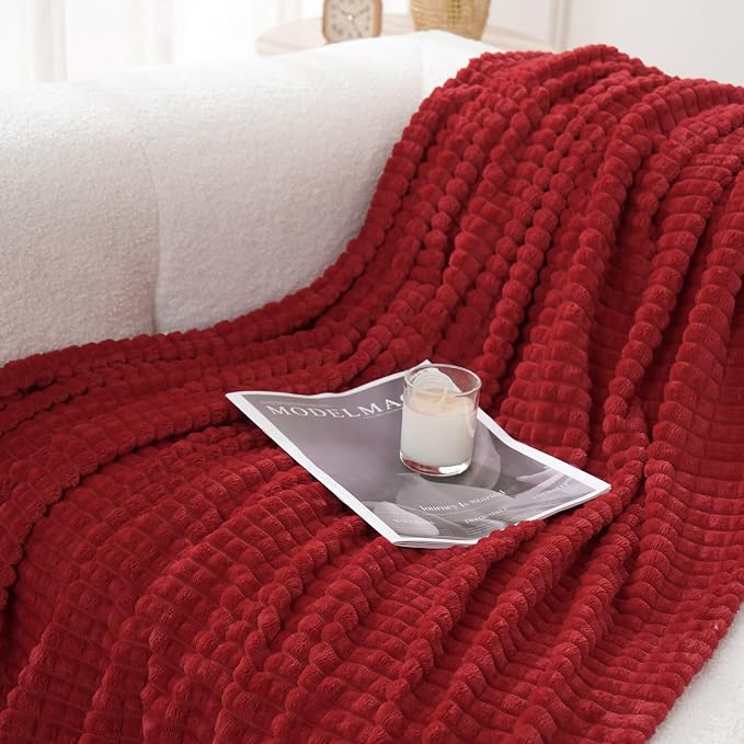 Puncuntex Fleece Throw Blanket Red 90"×90" with Square Grid Design | Super Soft Plush Cozy Flannel Throw Blanket Luxury for Couch Sofa Chair