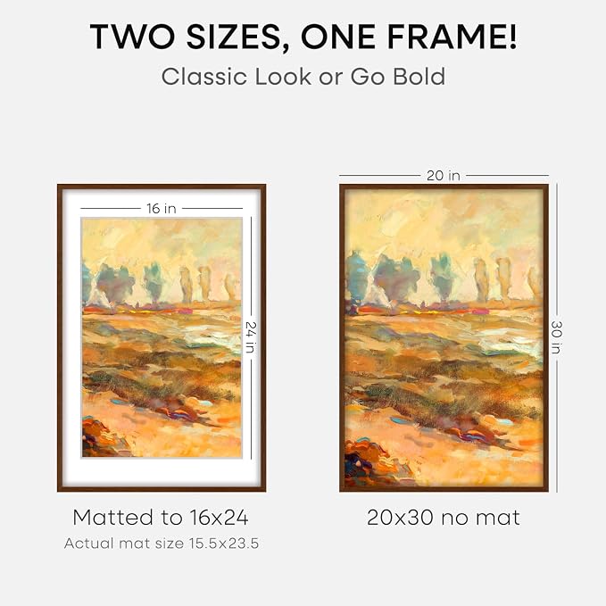 Homeforia 20x30 Brown Oak Picture Frame, High-End Wood, 16x24 Mat, Glass