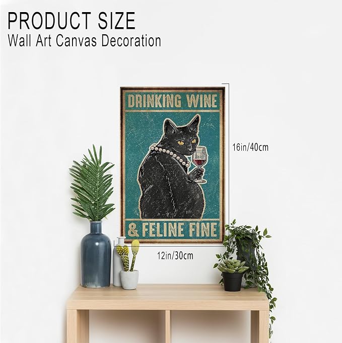 DIHSIEG Funny Cat Wine Wall Art, Drinking Humor Canvas Print 12x16Inch | Unframed Modern Kitchen Print Poster Decor Vintage Animal Wall Art for Bar, Dining Room, Wine Room & Home, Unique Funny Gift