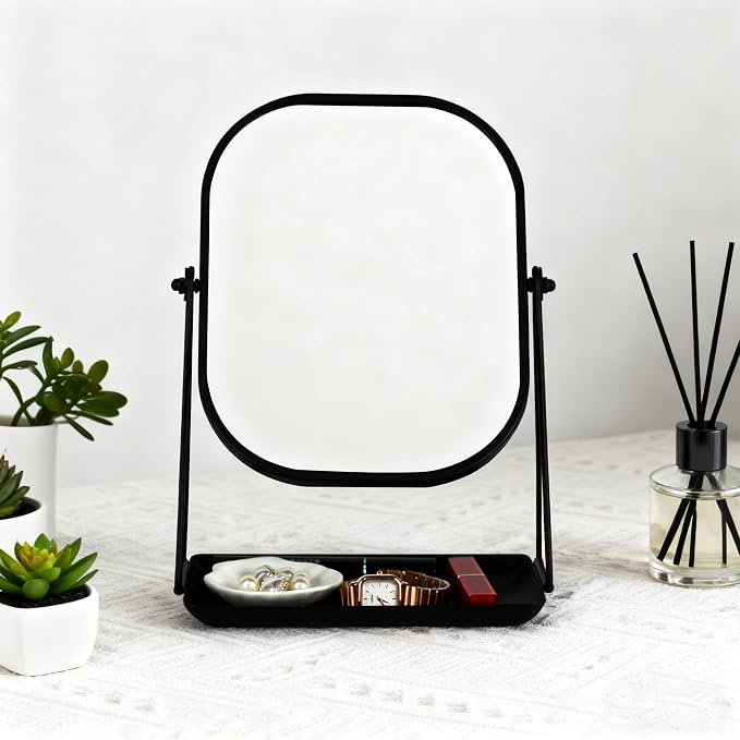 Tstarer 360 Degrees Rotating Metal Makeup Mirror with Storage (Black) | Vanity Mirror for Desk, Bathroom, Bedroom, Dressing Table