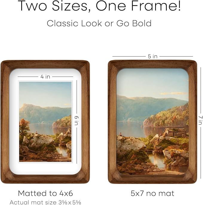 Homeforia 7x5 Picture Frame Brown Wood, Mortise & Tenon Dark Wooden 7 x 5 Photo Frames with Mat 4 x 6 for Wall or Tabletop, 7by5 Walnut Frame Matted to 4x6 inch Art, Tempered Glass, Wall Kit, Set of 1