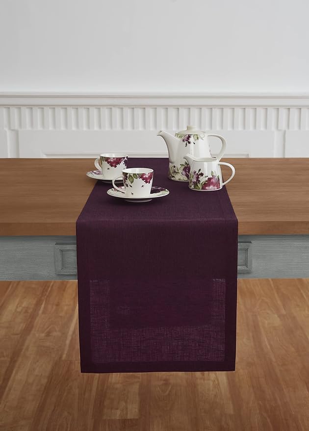 Solino Home 100% Pure Linen Table Runner Burgundy Long, Athena 14 x 144 in | dresses up dining tables for everyday meals, European flax fibres, machine washable, Chambray Burgundy, OEKO-TEX Certified