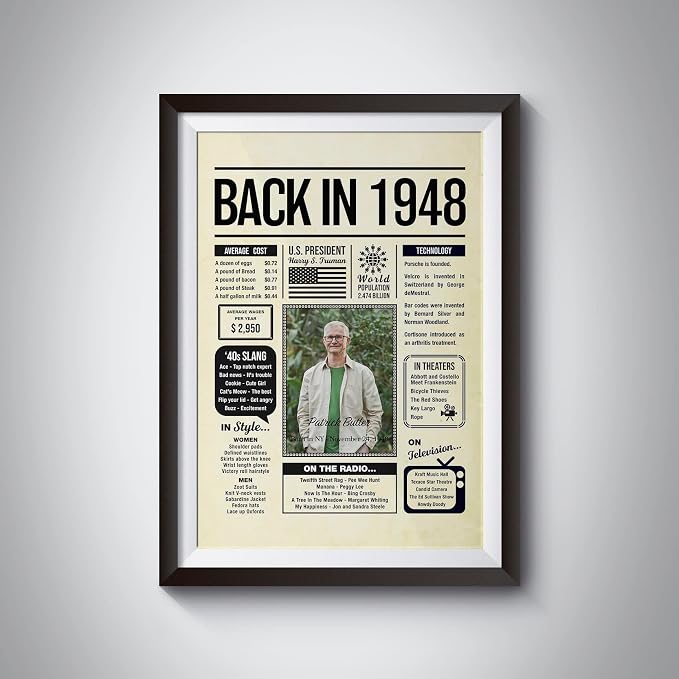 Personalized 77 year old birthday gifts - Back in 1948 Poster - Centerpiece Table Decorations 77th Birthday Party - Custom Born in 1948 Newspaper Vintage Poster for Men, Women