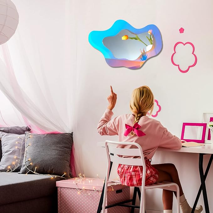 Irregular Wall Mirror Wavy Acrylic Rainbow Mirror Room Decor Aesthetic Mirrors Amorphic Vanity Retro Mirrors for Bedroom Living Room Bathroom Entryway Wall Decor ( Clouds Style, 15.5 x 10.5 Inches )