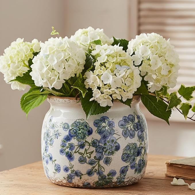 Vintage Cottage Ceramic Planters, French Flower Pot & Vase with Drainage | 6.29" Rustic Country Crackle Glaze Plant Pots for Indoor/Outdoor, Blue and Green Floral Vases, Home Decor Gifts
