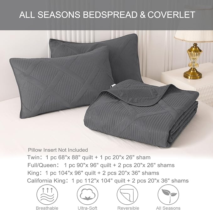 Exclusivo Mezcla Quilts Queen Size, Grey | Soft Bedspreads with 2 Pillow Shams, Modern Striped Pattern, Lightweight Bedding Set Coverlets for All Seasons, 90x96 Inch