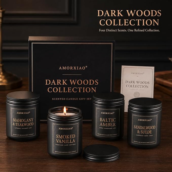 Scented Candles for Men, 4 Pack Dark Woods Manly Gift Set, 9 oz Each