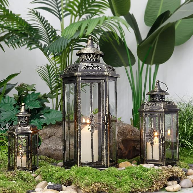 JHY DESIGN Set of 3 Decorative Candle Lanterns 20''&14"&10" H Outdoor Candle Lanterns Vintage Metal Cand leholder for Indoor Outdoor, Events, Parities and Weddings(Black with Gold Brush)