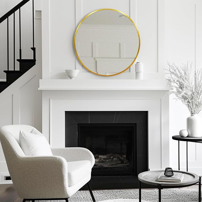Gold Circle Mirror 24 inch, Round Mirror, Brushed Gold Metal Frame | Circular Decorative Wall Mirrors for Bathroom, Bedroom, Entryway, Living Room, Hallway, Over Sink, Vanity,Golden,Brass,Rustic