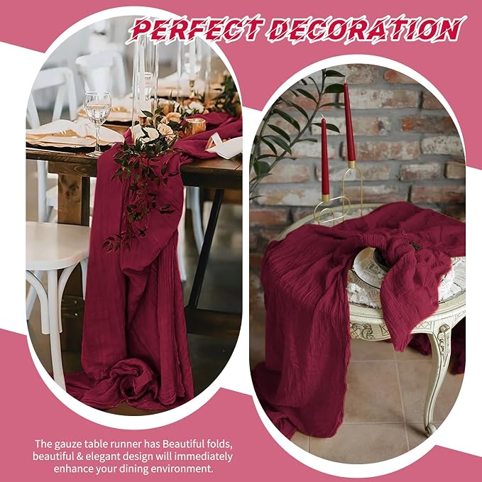 10 Pack Burgundy Cheesecloth Table Runner 17x108 Inch Boho Gauze Cheese Cloth Table Runners for Wedding Party Baby Shower Birthday Home Decor