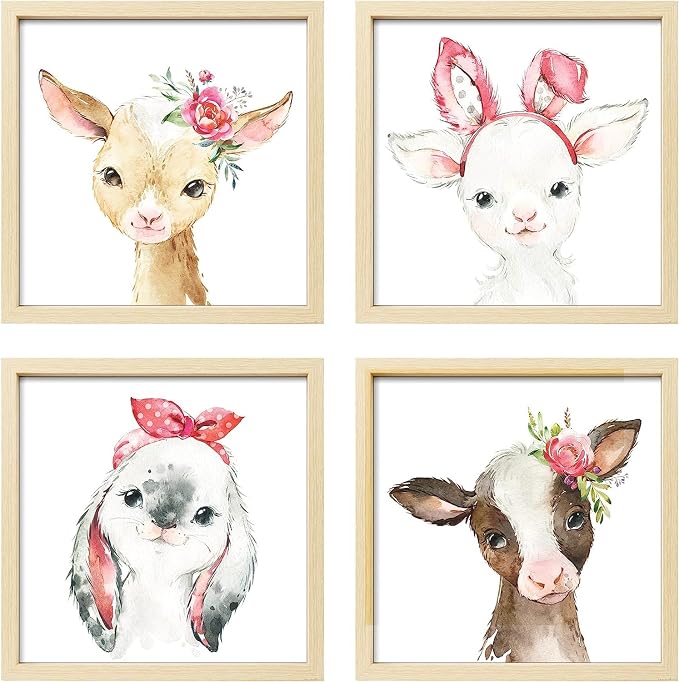 ArtbyHannah Framed Animal Nursery Wall Art Decor, 10x10inch Safari Prints | 4 Pack Pink Woodland Gallery Wall Frame Set Pictures Artwork for Baby Kids Bedrooms Playrooms Showers Home Decoration