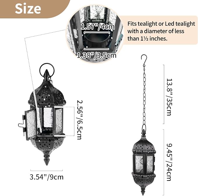 2 Pcs Hanging Candle Lantern Moroccan Chandelier Retro Candle Holder Moroccan Vintage Metal Hollow Wedding Hanging Candle Holders Lantern Contain 35cm Chain, Black