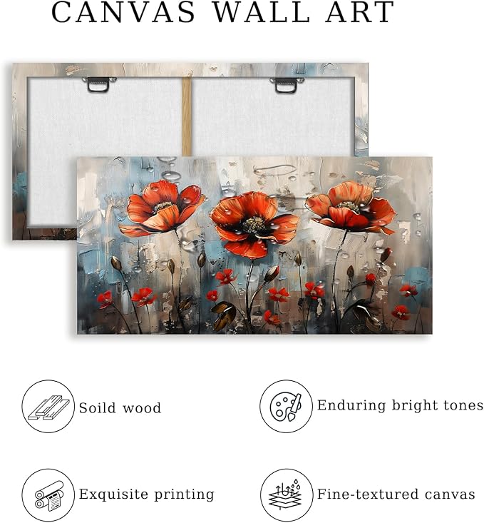 SERIMINO Large Modern Floral Wall Decor, Red Wildflower Artwork 29"X57" | Extra Large Botanical Wall Art, Wildflower Canvas Painting, Living Room Dining Room, Gallery Wrapped, Fade-resistant Inks