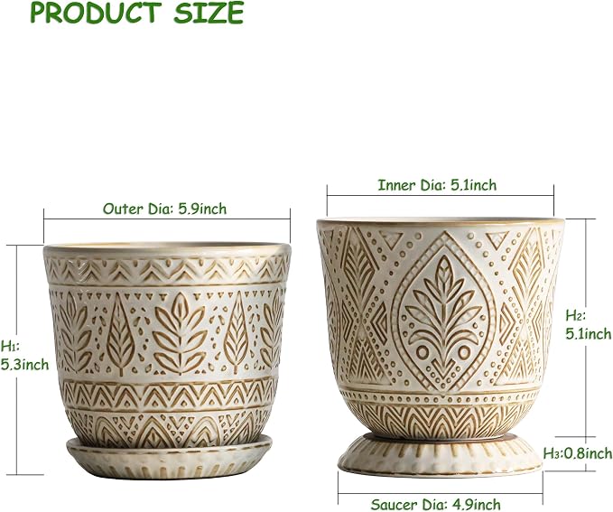 Gepege Ceramic Plant Pots, 6 Inch Indoor Planters with Drainage & Saucers | Ceramic pots for plants with drainage holes, ceramic saucers and mesh pads, ideal for flowers, herbs and succulents, set of 2
