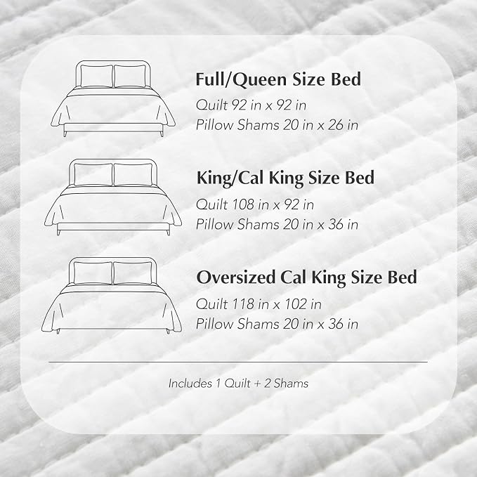 EVERGRACEHOME 100% Cotton Quilt Set Oversized Cal King, Bright White | Pre-Washed Soft Cotton, Striped Coverlet Bedspread, 3 Piece Lightweight Bedding Set for All Season, with 2 Pillow Shams