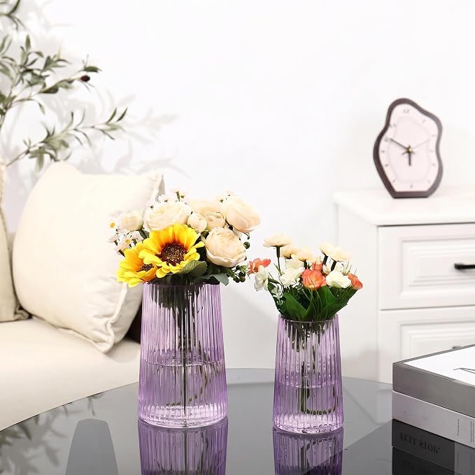 Ribbed Flower Vases Set of 2, Purple Vases for Flowers, Flower Vase for Bouquet, Modern Ribbed Glass Vase for Living Room, Bedroom, Dining Table, Office, Wedding, Centerpieces