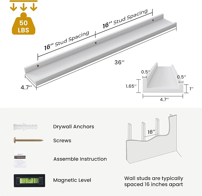 Acovy Solid Ash Wood Picture Ledge Shelf, 36 Inch, White, Set of 2