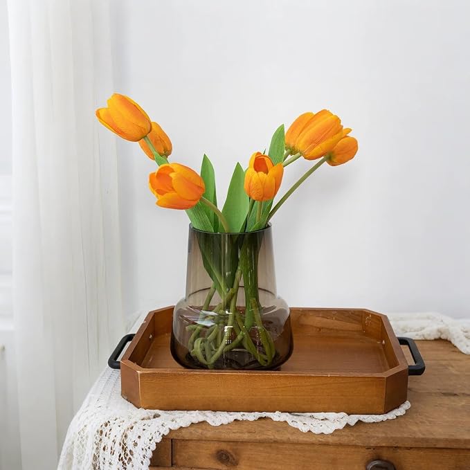 Relexome Amber Glass Vase Bud Flower Vase with Modern Design, Brown Wide Mouth Decorative Vase Gift for Home Decor, Living Room, Dining Table, Entryway, Shelf, Wedding, Office, 7.3 Inch (Amber)