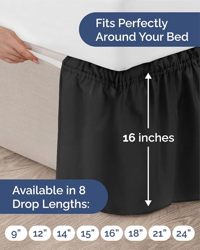 Wrap Around Dust Ruffle Bed Skirt, Queen Size Beds - 14 Inch Drop, Black | Easy Fit Elastic Strap, Adjustable Pleated Bedskirt w/Brushed Fabric, Wrinkle & Fade Free, for Women, Men, Kids & Teens