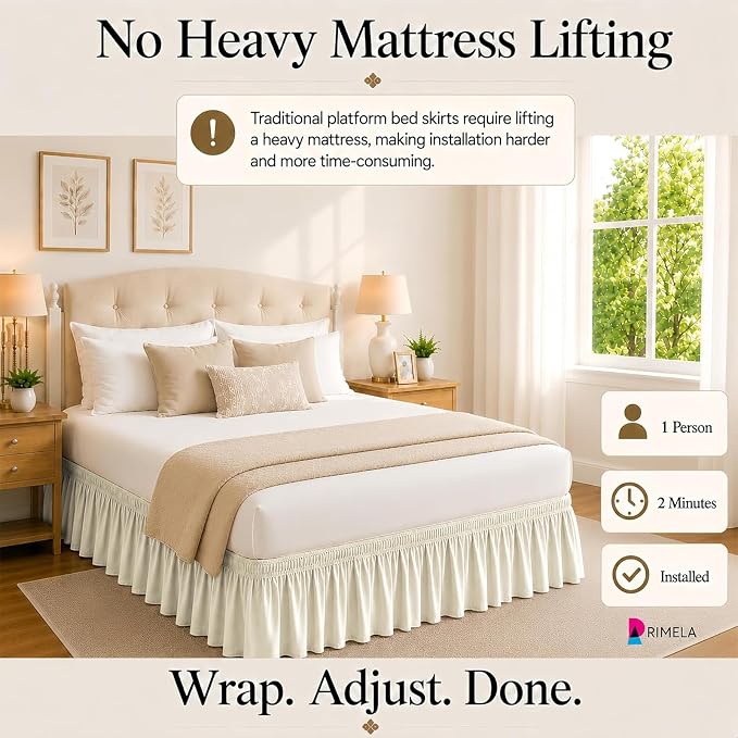 Butter Yellow Bed Skirt King Size 12" Drop, Elastic Wrap Around Bedskirt | Solid Ruffled, Easy to Use, No Mattress Lifting, Wrinkle & Fade Resistant, with Adhesive Strips, Machine Wash/Dry/Iron